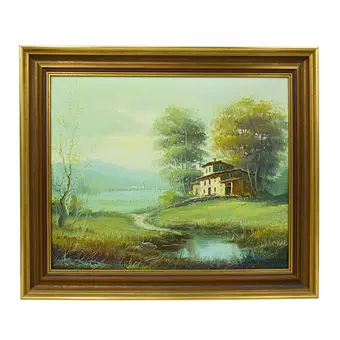 FLUSSLANDSCHAFT MIT GEHÖFT, SIGNIERT.