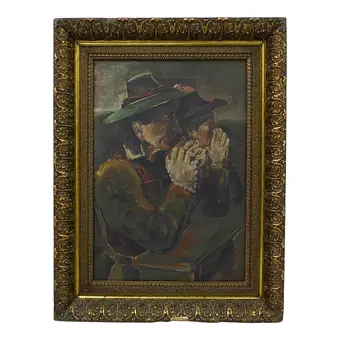 Hommes en prière en costume traditionnel, peinture à l'huile