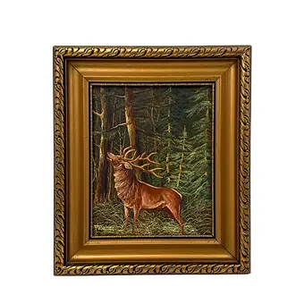 F. WEBER. HUILE SUR TOILE D'UN CERF DANS LA FORÊT.