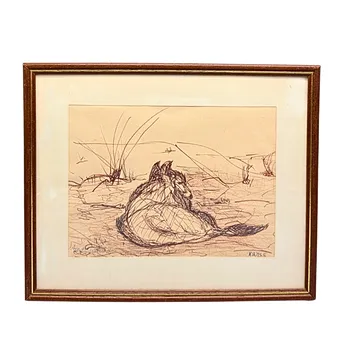 KIRMSE. DESSIN "AMOR WEINHEIM" D'UN CHIEN COUCHÉ DANS UN PAYSAGE.
