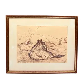 KIRMSE. DESSIN "AMOR WEINHEIM" D'UN CHIEN COUCHÉ DANS UN PAYSAGE.