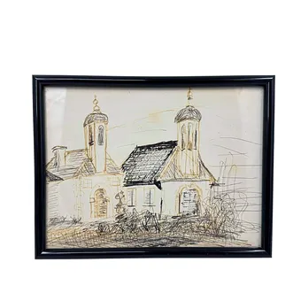 Kirmse. Dessin partiellement colorié d'une chapelle baroque avec clochers à bulbe.