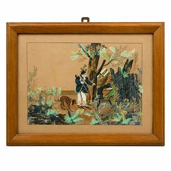 COLLAGE HINTER GLAS, JÄGER MIT JAGDHUND.