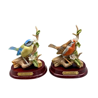 BIRD FIGURINES SET - BLUE TIT AND ROBIN IN BISQUE PORCELAIN, YEAR 1985.