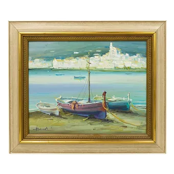 GEMÄLDE MIT FISCHERBOOTEN AN DER KÜSTE, ÖL AUF LEINWAND, SIGNIERT BERNET.