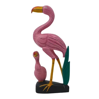 Houten sculptuur flamingo met kuiken