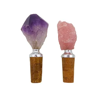 TWO BOTTLE STOPPERS WITH AMETHYST AND ROSE QUARTZ.