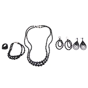 LOT DE BIJOUX DE MODE NOIRS AVEC PERLES FACETTÉES, 5 PIÈCES.