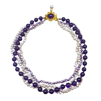 Collier multi-rangs en améthyste et perles avec fermoir en or jaune 585.