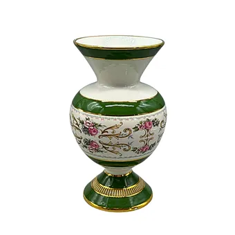 Vase italien en porcelaine avec décor floral et bord doré.