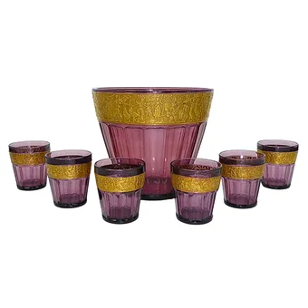 ART DÉCO BOWLE-SERVICE MIT 6 BECHERN, WALTHER & SÖHNE, AMETHYSTFARBEN, 1930ER JAHRE.