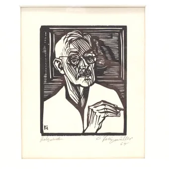 CONRAD FELIXMÜLLER (1897 DRESDEN - 1977 BERLIN) SELF-PORTRAIT WITH DRAWING HAND, WOODCUT ON VELLUM, SIGNED, DATED 1965.