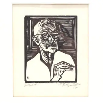 CONRAD FELIXMÜLLER (1897 DRESDE - 1977 BERLIN) AUTOPORTRAIT AVEC MAIN DESSINANTE, GRAVURE SUR BOIS SUR VÉLIN, SIGNÉE, DATÉE 1965.