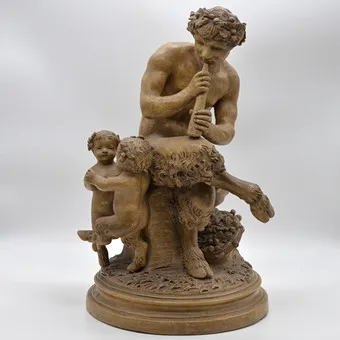 CLAUDE MICHEL CLODION (1738-1814). PAN AND TWO INFANT SATYRS, TERRACOTTA SCULPTURE, 1770-1800, SIGNED.