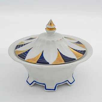 Porcelain lidded box by Jacob Hertel Rehau, Art Deco, blue and gold, hand-painted, 1920s, maker's mark on base.