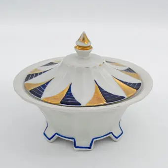 Porcelánová dóza s víkem od Jacob Hertel Rehau, Art Deco, modrá a zlatá, ručně malovaná, 1920er, značka výrobce na dně.