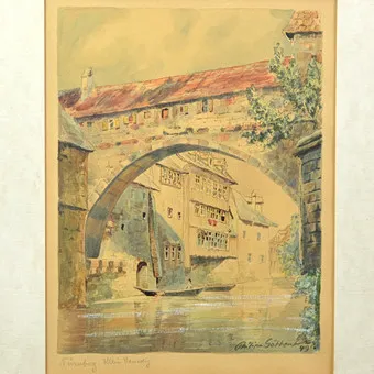 PHILIPP GÖTTER, "NUREMBERG, LITTLE VENICE", WATERCOLOR ON PAPER, FRAMED, 1949, SIGNED AND INSCRIBED.