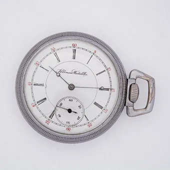 ZEGAREK KIESZONKOWY ILLINOIS WATCH CO SPRINGFIELD USA, 17 KAMIENI, METAL, NIKLOWANY, MAŁA SEKUNDA, WIDOCZNY DASZEK.