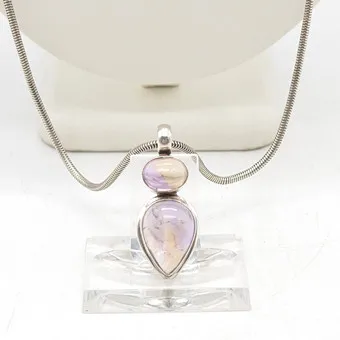 Designer necklace with large amethysts, setting and chain in sterling silver, hallmarked "ALF", round and drop-shaped, circa 1970s.
