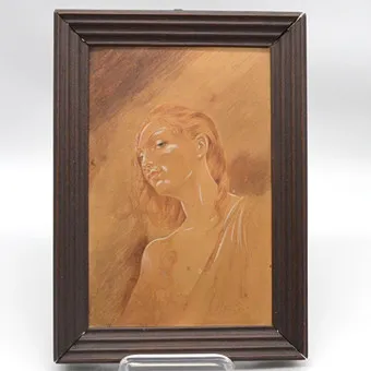 M. STAEBEL, PORTRET DAMY, RYSUNEK PASTELOWY Z BIAŁYMI PODKREŚLENIAMI NA PAPIERZE, SYGNOWANY I DATOWANY, 17 WRZEŚNIA 1945.