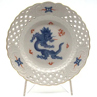 MEISSEN TELLER, MING DRACHE, DURCHBROCHEN, GOLDRAND, 1. WAHL, 20. JAHRHUNDERT.