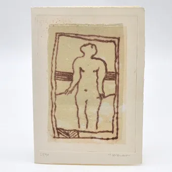 JAMES COIGNARD. "NU" NAHÝ, 1995, 68. Z 90, SUCHÁ JEHLA S MÍŠENÝMI TECHNIKAMI, RUČNĚ PODEPSÁNO, CCA 14,5 X 20,5 CM.
