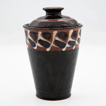 ARTIST CERAMIC LIDDED GOBLET, VINTAGE, ILLEGIBLE SIGNATURE, 1963, HAND-PAINTED.