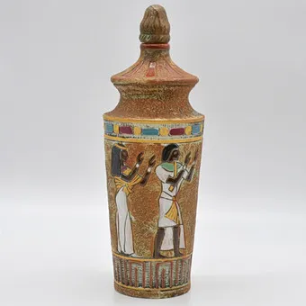 FRATELLI MARCHI. DESIGNER CARAFE WITH ORIGINAL STOPPER, EGYPTIAN MOTIF, CERAMIC, HANDMADE, ITALY, 1960S.
