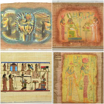 Konvolut med fire egyptiske papyrusbilleder, akvarel, slutningen af det 20. århundrede.