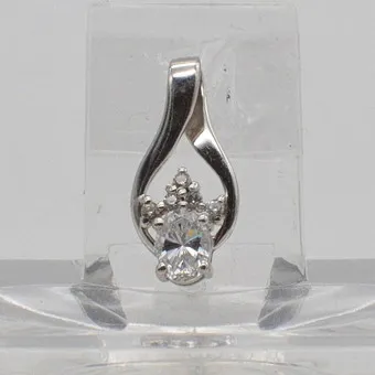 Diamonique, necklace pendant with oval-cut zirconia, sterling silver setting (rhodium-plated), 5 small zirconias, vintage.