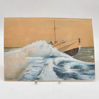 ŚCIGACZ - OKRĘT WOJENNY NIEMIECKIEJ MARYNARKI W II WOJNIE ŚWIATOWEJ, AKWARELA NA PAPIERZE, MONOGRAM "W.H.", 1944.