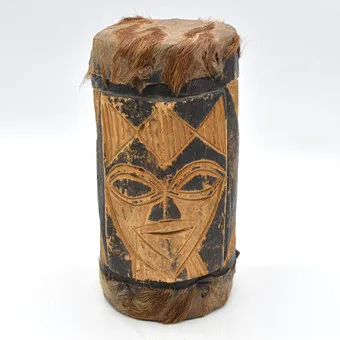 AFRICAN TRIBAL DRUM, WOOD AND LEATHER, HANDMADE AND HAND-CARVED, 20TH CENTURY.