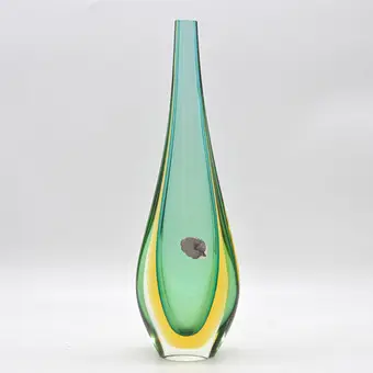 FLAVIO POLI. WAZON PROJEKTOWY MURANO, SZKŁO STUDIO, SOMMERSO, WŁOCHY, OK. 1950, Z ETYKIETĄ MURANO.