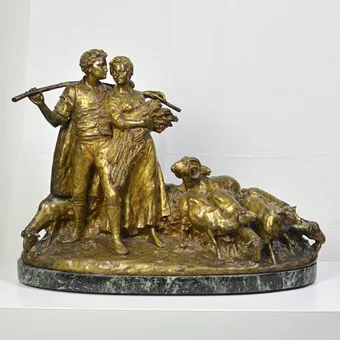 Joseph D'Aste (1881-1945). "Pastoral Scene", sculptuur, brons (verguld), marmeren sokkel, begin 20e eeuw, gesigneerd.