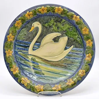 HANS THOMA. KARLSRUHE MAJOLICA, SWAN PLATE, 1978/79 JUBILEE REISSUE.