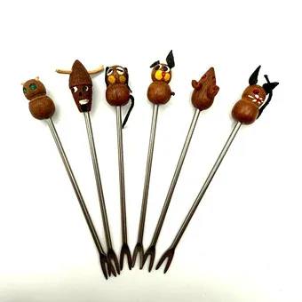 6 BOWLE SPIEßE TIERE PIEKSER HOLZ TEAK VINTAGE DANISH DESIGN.