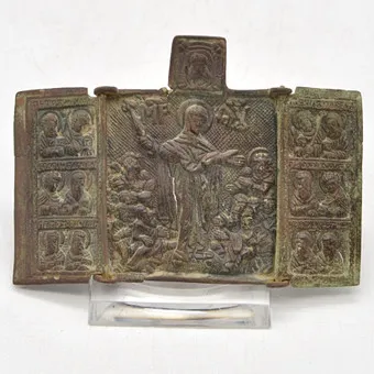 ANTIKER TRIPTYCHON, „GOTTESMUTTER FREUDE ALLER LEIDENDEN“, BRONZE, RUSSLAND, 19. JAHRHUNDERT.