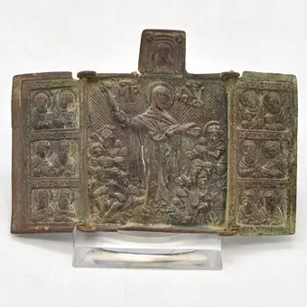 TRIPTYQUE ANTIQUE, « MÈRE DE DIEU JOIE DE TOUS LES AFFLIGÉS », BRONZE, RUSSIE, 19E SIÈCLE.