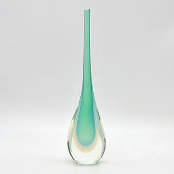 FLAVIO POLI. MURANO DESIGNER VASE, STUDIO GLASS, OPALINO, SOMMERSO, ITALY, CIRCA 1960, WITH TWO LABELS.