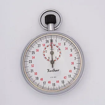 HANHART KRONENSTOPPER, ANTIMAGNETIC WITH 15-MINUTE COUNTER, 1/10 SECOND, 30-MINUTE SCALE AND RED SCALE FROM 32-60, BLUED HANDS, NICKEL CASE, MECHANICAL.