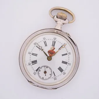 MONTRE DE POCHE ANCIENNE PROBABLEMENT VERS 1900 AVEC EMBLÈME COR JESU (SACRÉ-CŒUR) EN ÉMAIL.