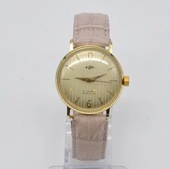Montre-bracelet EGE, 21 rubis Incabloc, boîtier doré, cadran ligné, remontage manuel, années 1960.