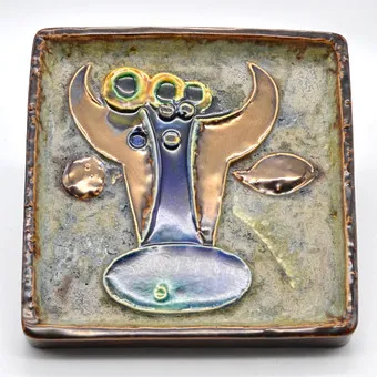 Helmut Friedrich Schäffenacker (1921-2010). Brutalist wall panel, bull - N49, ceramic, lava glaze and craquelé effect, handmade, Ulm, Germany, 1960s.