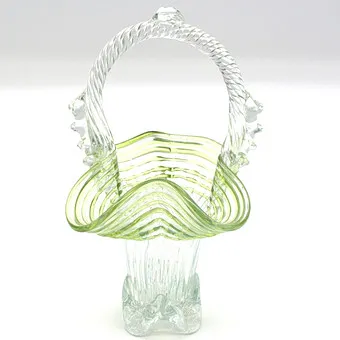 Murano glass handle vase green and transparent as plastic basket 1950s.