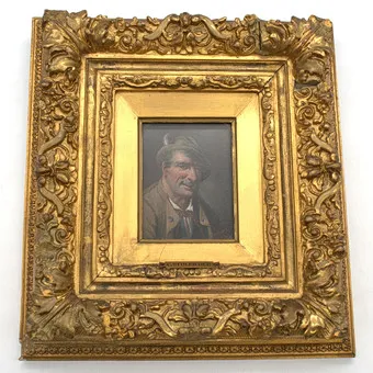 CARL (CÖLESTIN) SCHLEICHER. (1825 - 1903) OLD AGE PORTRAIT OF A GENTLEMAN WITH HAT, OIL ON WOOD, GENRE PAINTING, ORIGINAL FRAME. VIENNA, AUSTRIA 19TH CENTURY.