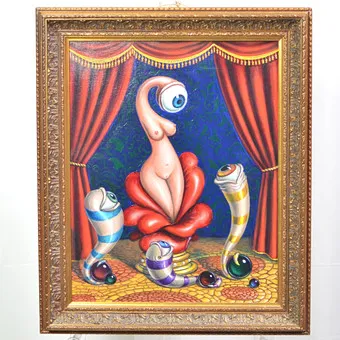 Venedikt Koptev (1969). "Seduction", surrealist painting, acrylic on canvas, gold frame, signed, circa 2025.