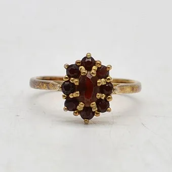 Herman Siersbøl, Danish designer ring with 9 garnets, gold-plated sterling silver setting, 1950s, ring size 12 / 52 mm.