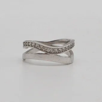 Wavy ring with zirconia, rhodium-plated sterling silver setting, vintage, size approx. no. 15 (55mm).
