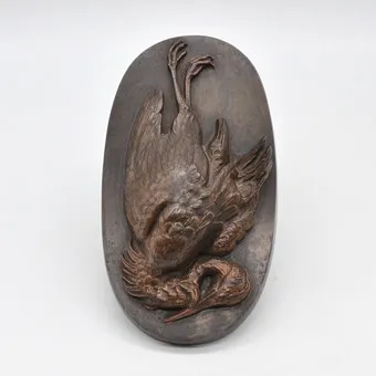 LAUCHHAMMER BRONZEGUSS, RELIEFBILD, VOGEL, BRONZE, OVAL, UM 1872 BIS 1922, CA. 20,5X11X5 CM.