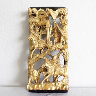 Antique sculpture chinoise Chaozhou en bois, feuille d'or, scène de guerrier, vers 1900.
